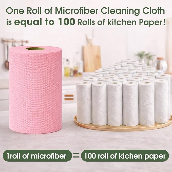 Microfiber Cleaning Cloth Roll - 100 Pack Tear Away Microfiber Paper Towels Reusable Washable Scratch-Free Kitchen Towels for Car Home Kitchen Glass Dishes(Pink)