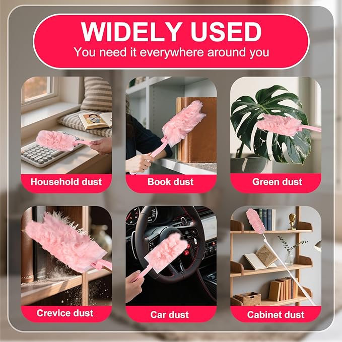 ITTAR 30 Count Duster Refill kit Dust Cleaning Supplies with Extension Pole Fan Feather Dusters with 2 Types Handle for Cleaning Home Celling Fan Blinds Furniture Vent &amp Shelves-Pink