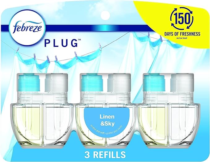 Febreze Odor-Fighting Air Freshener Room Fresheners Air Effects Air Freshener Refills Fade Defy Plug Technology - (1 Pack) contains (3) of 0.87 fl oz Refills (Linen &amp Sky)
