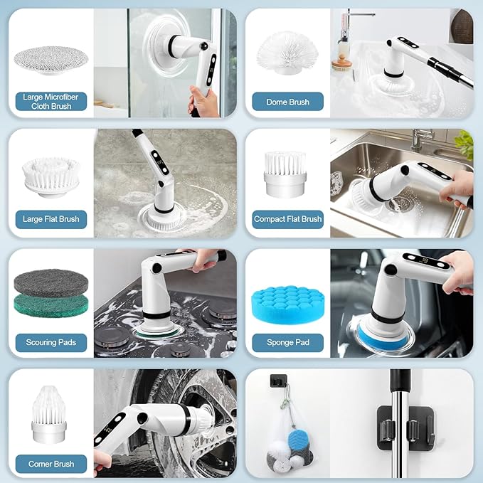 IEZFIX Electric Spin Scrubber Bathroom Power Shower Scrubber Cleaning Brush for Tub/Tile/Floor/Toilet/Kitchen 8 Cleaner Scrub Brush Heads 3 Speeds 450RPM Max Telescopic Rod Black