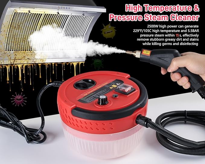 Handheld Steam Cleaner 2500W Powerful Steamer for Cleaning Home Upholstery Car and More 15s Heat-Up Portable Steam Cleaner for Deep &amp Multi-Surface Cleaning (Red)
