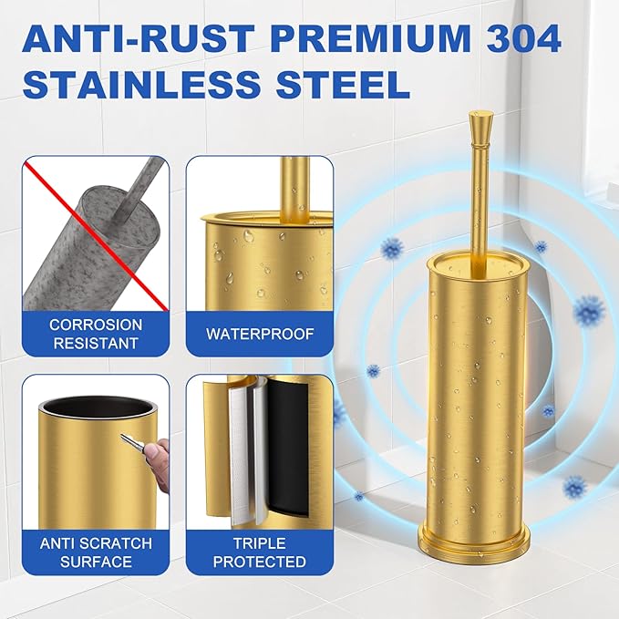 Toilet Brush and Holder Set：304 Stainless Steel Heavy Duty Toilet Bowl BrushRemovable Inner Bowl and Splash ProtectionBathroom Toilet Brush-Dense Bristles for Through Cleaning