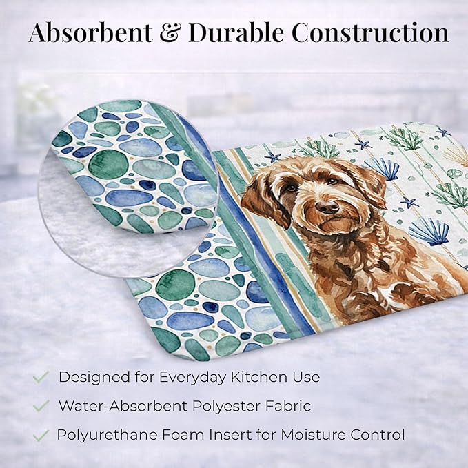 Caroline's Treasures Chocolate Labradoodle Coastal Sea Glass Dish Drying Mat Absorbent Dish Drying Mat Pad for Kitchen Counter Dish Drainer Mat for Countertop 14 x 21 Multicolor