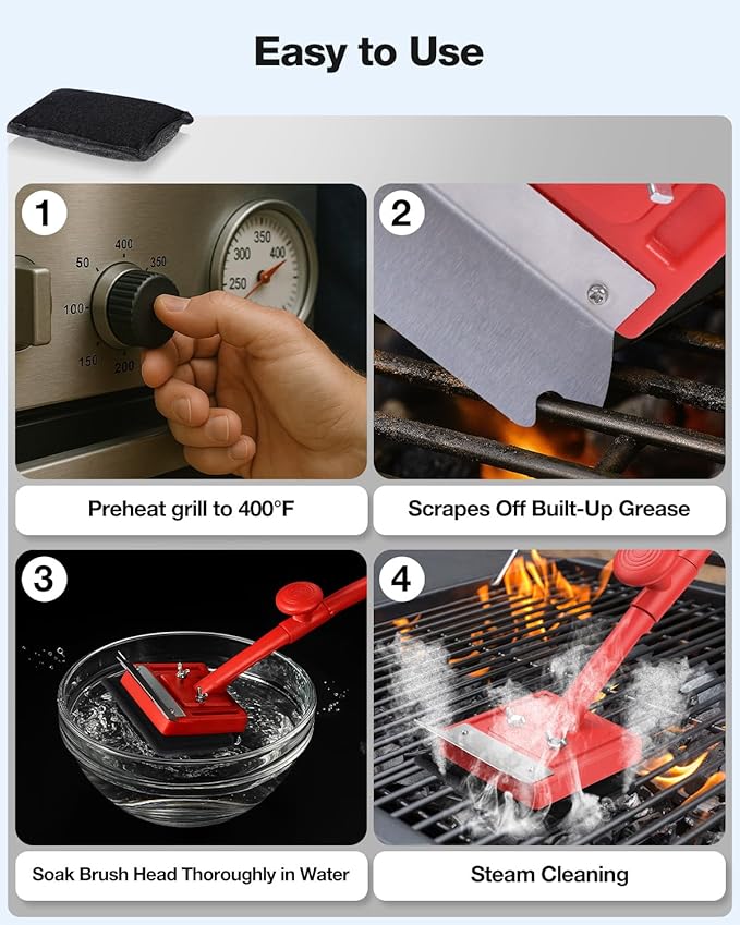 Grill Brush Bristle Free Safe Non Metal Wire with Scraper 10 Replacement Heads Steam Grilling Grate Cleaning Tool BBQ Cleaner Accessory Kit Set Outdoor Cast Iron Barbecue/Barbeque Scrubber