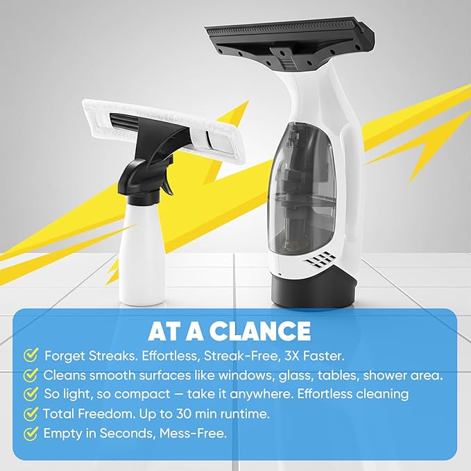 Cordless Window Vacuum Squeegee with Detachable Water Tank 2000Pa Strong Suction Rechargeable Glass Cleaner for Windows Shower Mirror &amp Tiles Lightweight 2-in-1 Wiper with Microfiber Pad