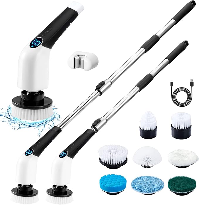 Electric Spin Scrubber Cordless Cleaning Brush Power Shower Scrubber Long Handle Extendable Handheld Electric Scrubber for Bathroom Floor Tub Tile with 8 Replaceable Brush Heads &amp Hook