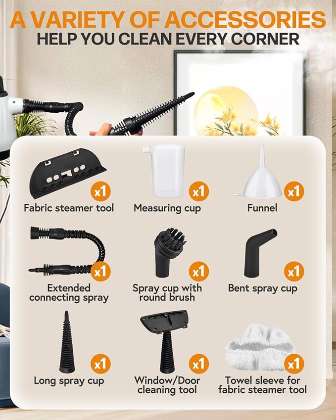 Handheld Steam Cleaner for Home Pressurized Deep Cleaning Steamer for Cleaning for All Surfaces with 9 Accessories Multipurpose Steam Cleaners for Grout Steam Cleaner Tile Kitchen Bathroom