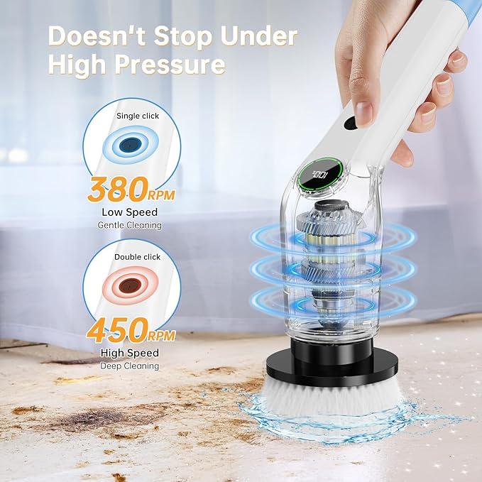 Electric Spin Scrubber Cordless Shower Scrubber with 8 Scrub Brush 2 Speed with Adjustable Extension Handle Battery Level Display Power Scrubber for Bathroom Bathtub Tile Floor White