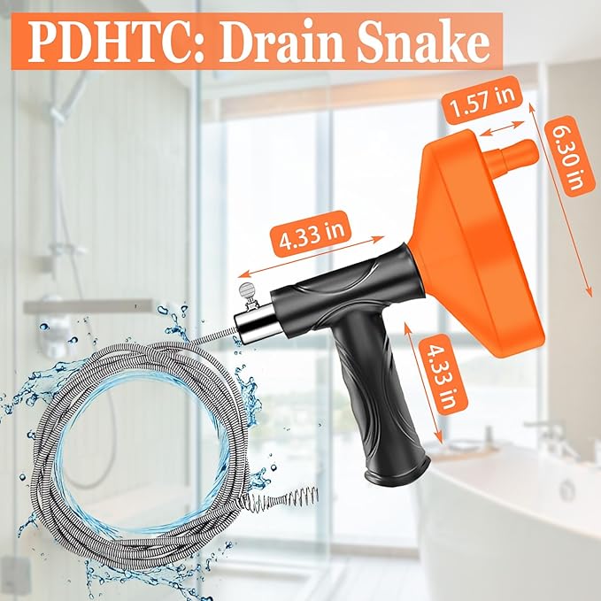 Drain Snake Auger（33 Feet） Plumbing Snake Drain Hair Clog Removal Tool Heavy Duty Snake Auger Sink Unclogger Drain Cleaner Tool for Bathroom Kitchen Tub Shower Drain Clog Remover with Gloves