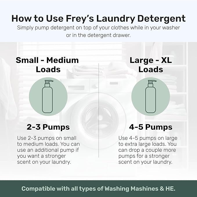 FREY Concentrated Liquid Laundry Detergent | Formulated for Sensitive Skin &amp HE Washers | Removes Stains Effectively | 50 Loads per Bottle (Cedar Grove &amp Bergamot Beach)