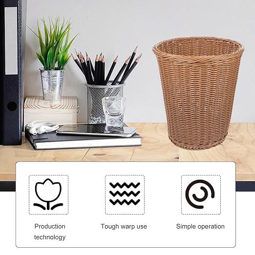 SAFIGLE Simulated Rattan Woven Wastebasket Rust-Resistant Iron Trash Can for Office Home Bedroom Handwoven Basket Without Lid Compact Stylish Decor in Beige