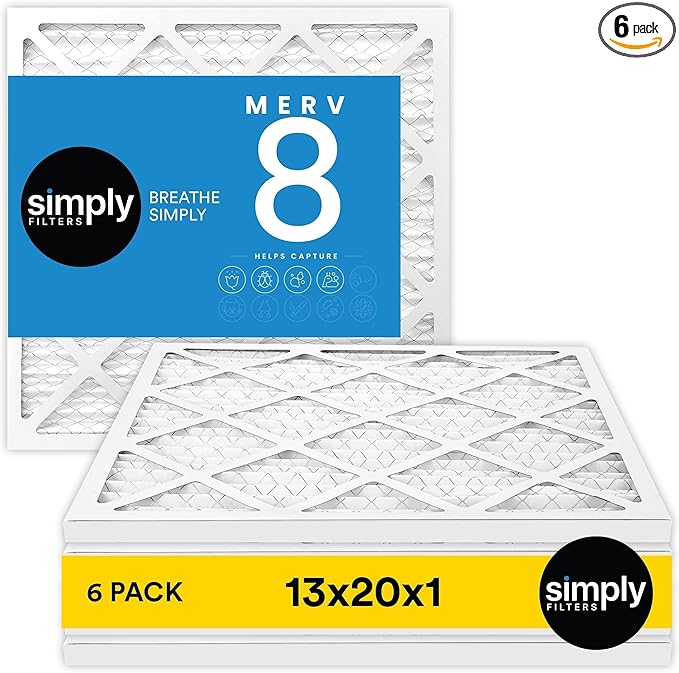 Simply 13x20x1 Air Filter Merv 8 6 Pack For Home AC Furnace &amp HVAC (Actual Size: 12.75x19.75x0.75) DUST Pet &amp Allergy Control