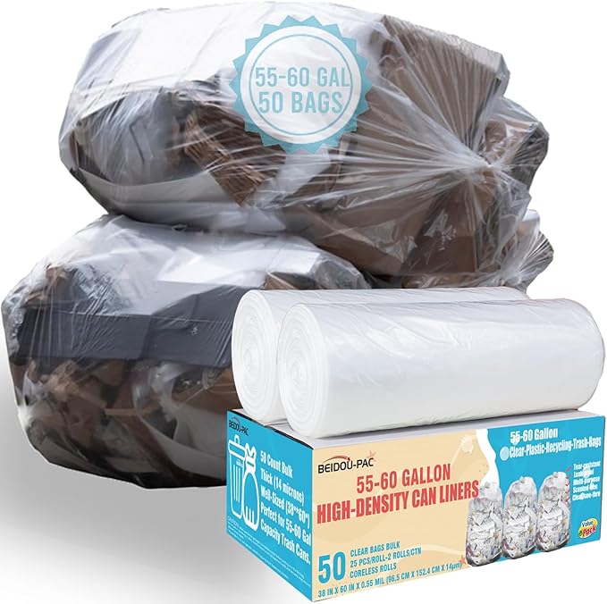 55-60 Gallon Trash Bags 50 Count Heavy Duty Clear Plastic Recycling Bags Unscented