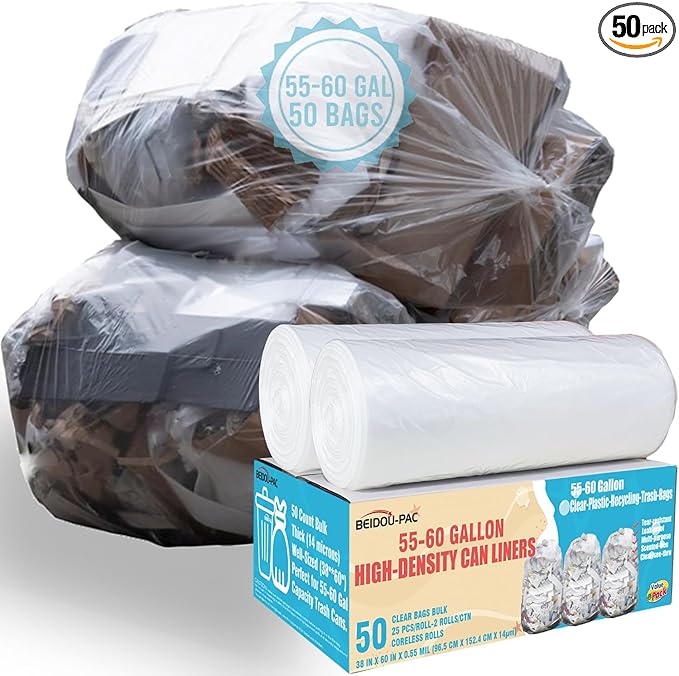 55-60 Gallon Trash Bags 50 Count Bulk Heavy Duty Clear Plastic Recycling Bags Multi-purpose Garbage Bags for home Commercial Outdoor Construction Industrial Lawn Leaf