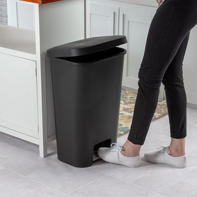Sterilite 11.9 Gallon Rectangular Step On Kitchen Plastic Indoor Wastebasket with Wide Opening Lid and Comfort Handle for Home Black (8 Pack)