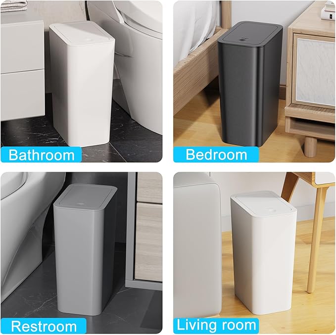 N. NETDOT 3 Pack 10L/2.6 Gal Bathroom Trash Can with Lid Trash Bin with Press Lid Small Trash Can/Slim Garbage Cans/Waste Basket for BathroomKitchenOfficeBedroom - BlackGrayOff White