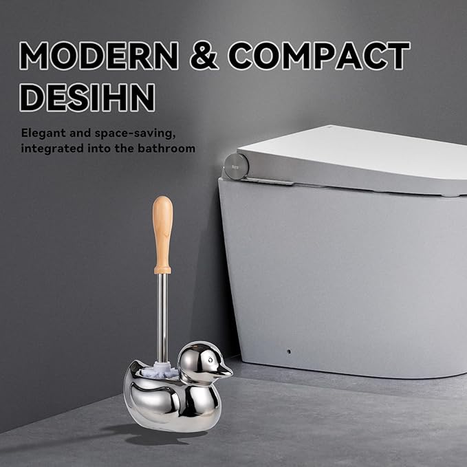 Toilet Brush Holder Set - Ceramic Silver Toilet Scrubber Brush with Duck Base Bathroom Cleaning Brush 7.5 Cute Toilet Brush Organizer Home Decor&amp Easy Wipe Clean