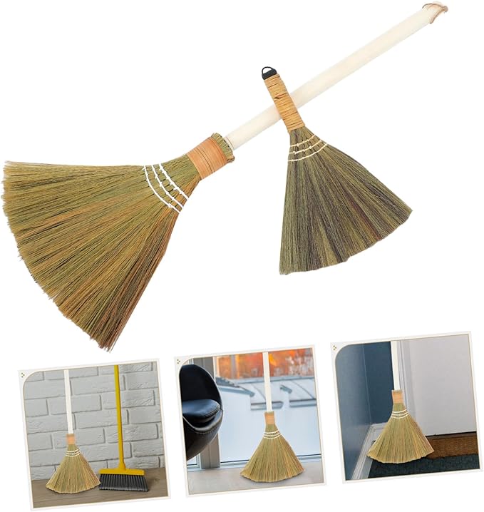 Zerodeko 2pcs Handmade Miscanthus Woven Broom Dustpan Asian Broom for Indoor Sweeping Soft Bristle Straw for Home Cleaning
