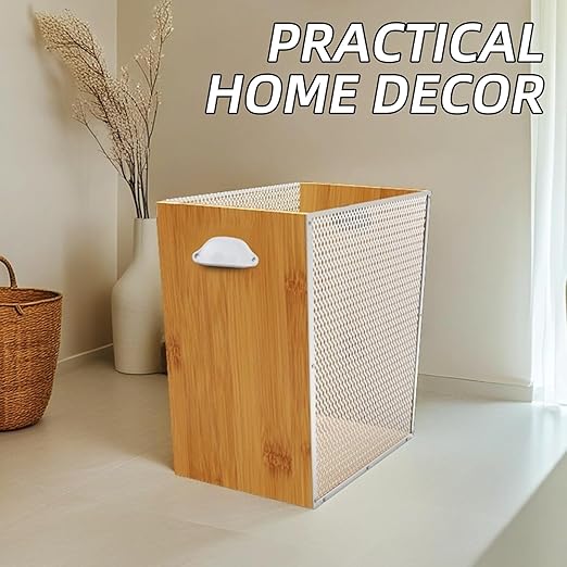 3 Gallon Bamboo-Wooden Trash Can - Rustic Office Waste Paper Basket - Decorative Garbage Bin for Bedroom Bathroom Kitchen Living Room