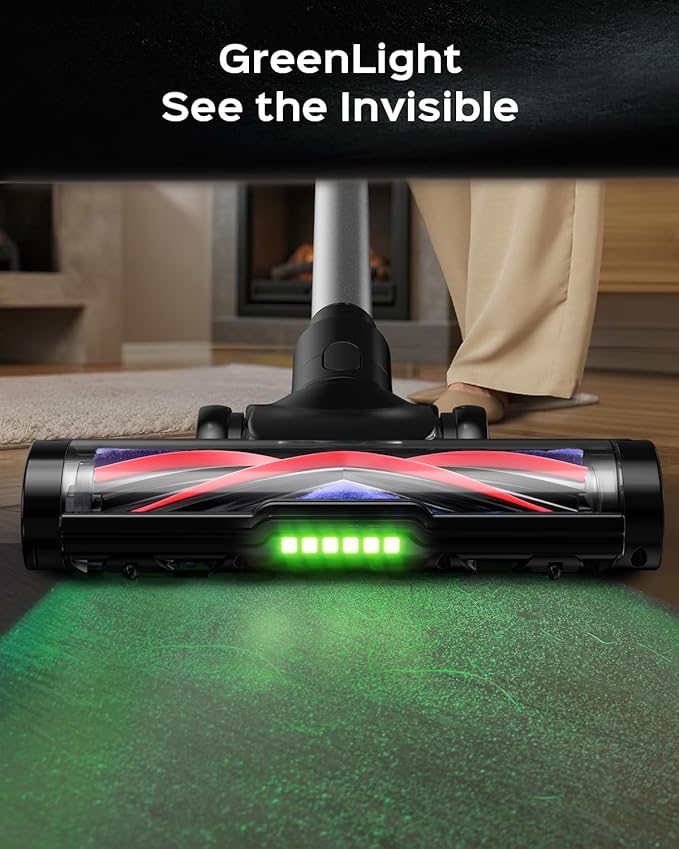 Cordless Stick Vacuum Cleaner – 3-in-1 Brush Roll for Hard Floors and Carpets 55 Min Runtime Rechargeable Lightweight Vacuum with Green LED Headlight for Pet Hair and Dust Cleaning