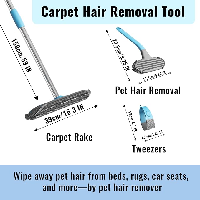 Carpet Rake for Pet Hair Removal Tool 3 in 1 Carpet Scraper with 59 Adjustable Handle Silicone Rug Rake for Dog &amp Cat Hair Pet Hair Remover for Furniture Couch Pet Bed &amp Car Interior