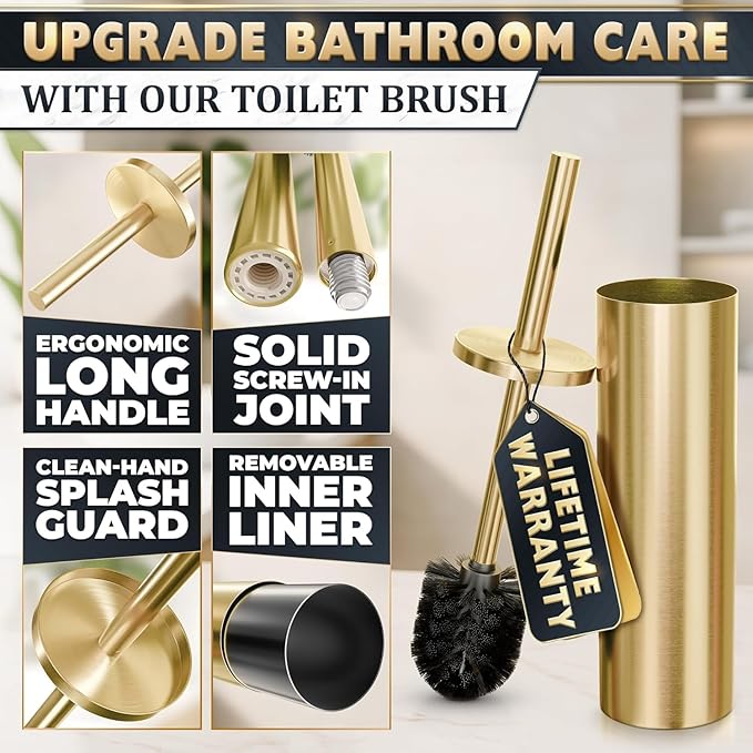 Gold Toilet Brush and Holder Set - Brushed Stainless Steel Gold Toilet Bowl Brush and Holder with Replacable Head Removable Inner Bowl and Splash Protection - Dense Bristles for Through Cleaning
