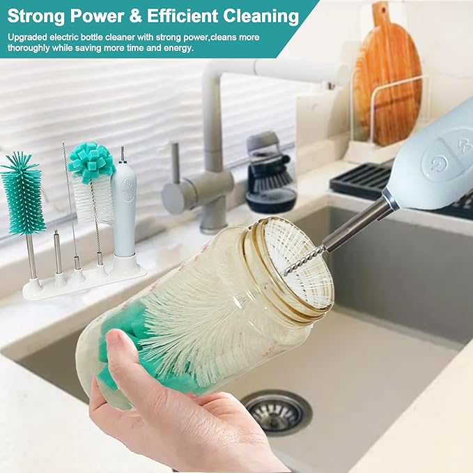 Electric Baby Bottle Brush With Holder Stainless Steel Automatic Cleaner With Extension Handle Sponge Silicone Water Cleaner Nipple and Straw Brush - Green