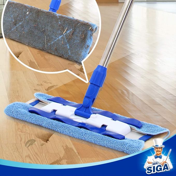 MR.SIGA Professional Microfiber Mop for Hardwood Laminate Tile Floor Cleaning Stainless Steel Telescopic Handle - 3 Reusable Flat Mop Refills and 1 Dirt Removal Scrubber Included
