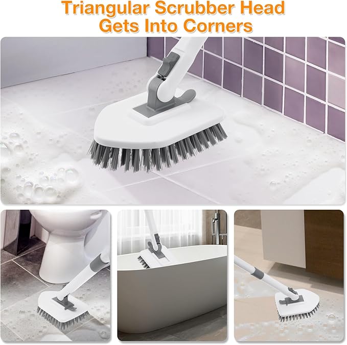 4 in 1 Shower Scrubber Cleaning Brush Tub and Tile Scrubber with Long Handle Grout Brush Stiff Bristles Scrub Sponge Brushes Microfiber Pad for Toilet Bathroom Kitchen Wall Floor Glass Bathtub Sink