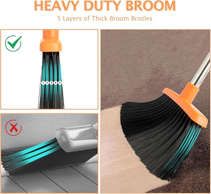 2-Pack Broom and Dustpan Set with Long Handle Heavy Dust Broom and Dustpan Combo for HomeKitchen Office Pet Hair(Gray Orange)