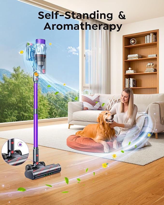 Cordless Vacuum Cleaner 70min/650W/55KPA Self-Standing Vacuum Cleaners for Home with 3.3Ft Hose &amp Auto Mode Wall Mount Charging Stick Vacuums with Fragrance Dust-Scraper for Hardwood Floor/Car/Pe