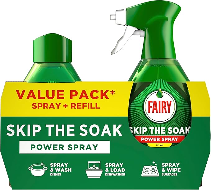 Fairy Skip the Soak Dish Spray Kit Lemon 1.3L (650ml Spray + 650ml Refill) 100% Grease Removal for Dishes &amp Surfaces