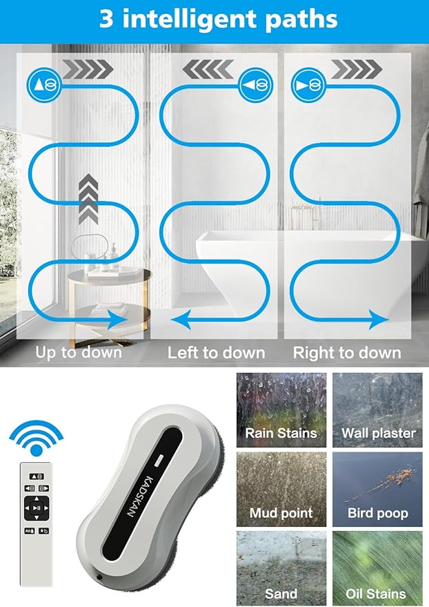 Window Cleaning Robot Automatic Window Cleaner with Water Spray for Windows/Tiles/Class Door Inside/Outside 5600Pa Suction Power 3.0 Path Planning Remote Control