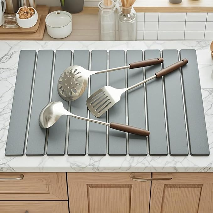 Dish Drying Mat Stone Drying Mat for Kitchen CounterLarge Foldable Diatomaceous Stone Dish Drying Mat Quick Dry Stone Mat for Kitchen Counter ( Dark Gray 24×16)