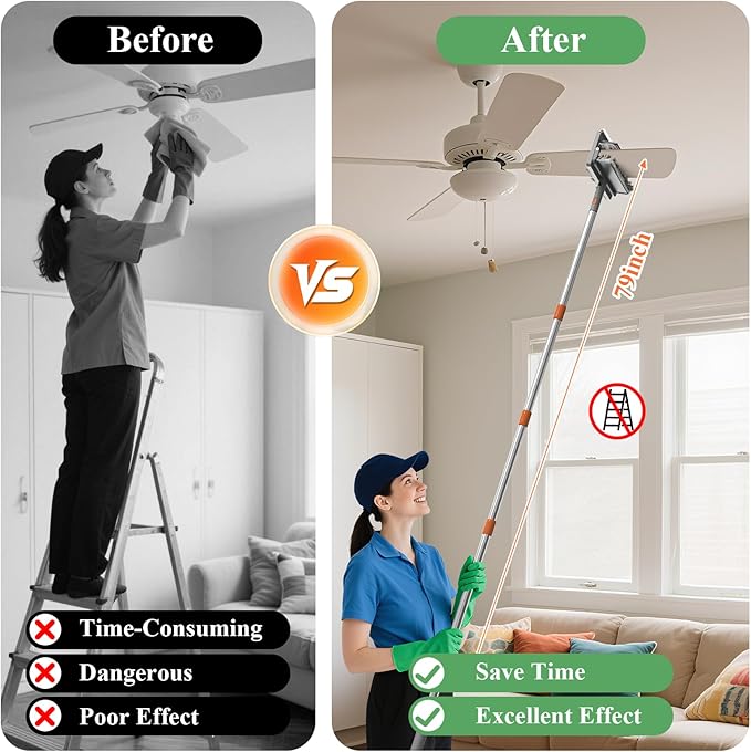 Ceiling Fan Cleaner Duster - 79 Extension Pole &amp Dual Brush Heads Baseboard Cleaner Tool with Handle 4-in-1 Reusable Fan Blade Cleaner Ceiling Fan Duster for Fan Blades Baseboards Corners