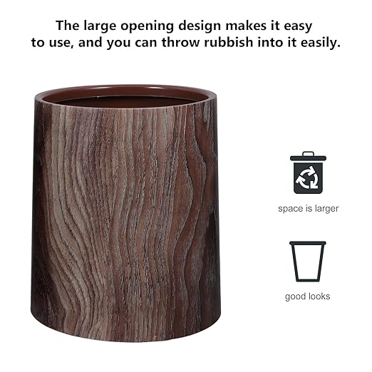 TOYANDONA Imitation Wood Grain Trash Can 8L Large Capacity Round Wastebasket Plastic Sturdy Home Kitchen Office Bedroom Bathroom Waste Container
