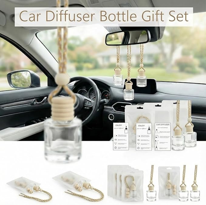 110 Sets Hanging Car Air Freshener Diffuser Bottles with Instruction Card Droppers and 4 x 6'' Resealable Holographic Bag Empty Car Essential Oil Perfume Bottles for Aromatherapy(Cylinder)