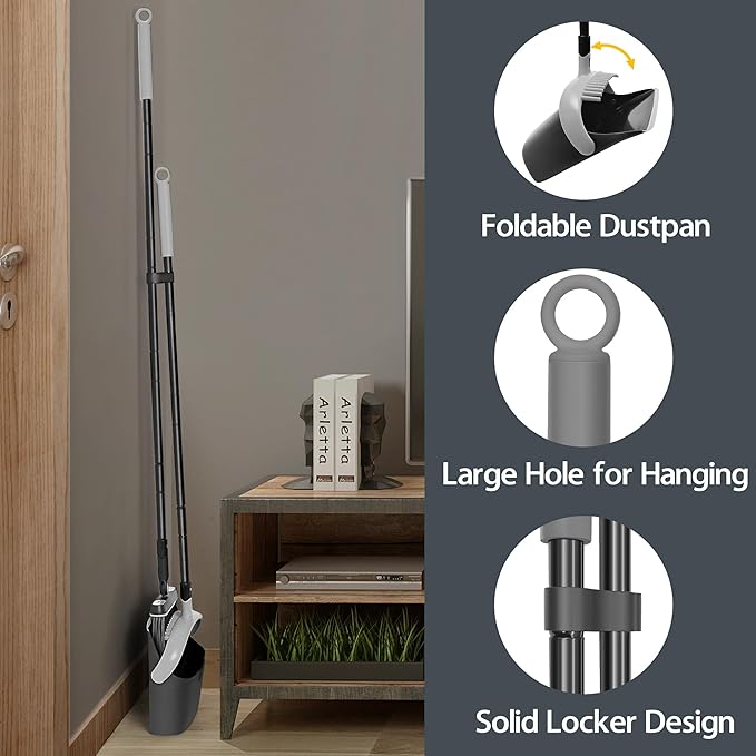 JEHONN Broom and Dust Pan 54.3 inches Long Handle Swivel Brush Upright Foldable Dustpan with Comb Teeth for Home Kitchen Lobby Indoor Floor Cleaning (Black &amp Gray)