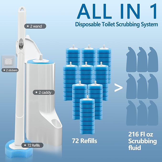 Disposable Toilet Bowl Brush and Holder Toilet Cleaning System-2 Toilet Bowl Wand 2 Storage Caddy&amp72 Toilet Brush Refills for Effective Deep Scrub Toilet Wall-Mount Toilet Brush 2 Pack.