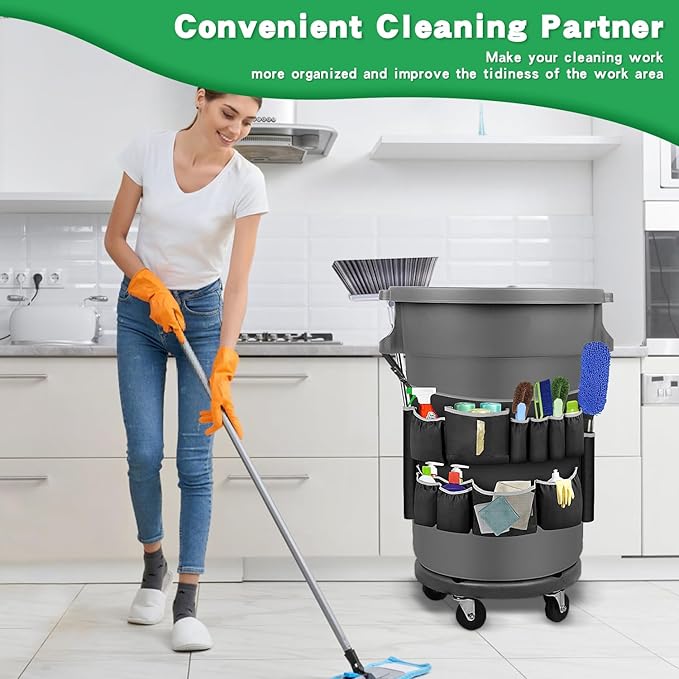 Trash Can Caddy Organizer with 10 Pockets - Cleaning Supply Holder for 32-55 Gallon Round Garbage Bins | Adjustable Strap Storage Bag for Sponges Gloves Spray Bottles Cleaning Tools
