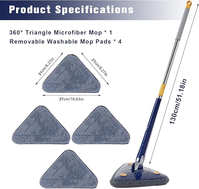 360° Rotatable Adjustable Cleaning Mop with 4 Replacement Pads-Extendable Triangle Shaped Microfiber Dust Mop with Long Handle for Wall CeilingHardwood Windows Floor Wall Tile Dust (Blue)