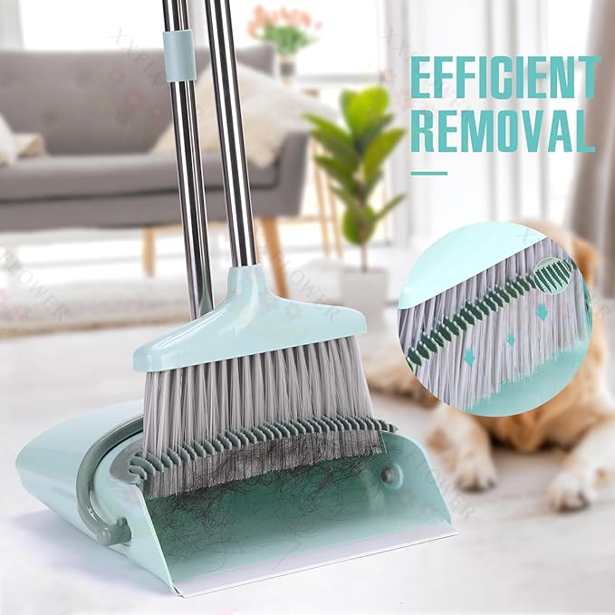 XXXFLOWER Broom and Dustpan Set with Cleaning Teeth+Self-Wringing Twist Mop for Floor Cleaning 57” Long Handle Heavy Duty Microfiber Mop for Wet Mopping on Tile Hardwood Kitchen Bathroom