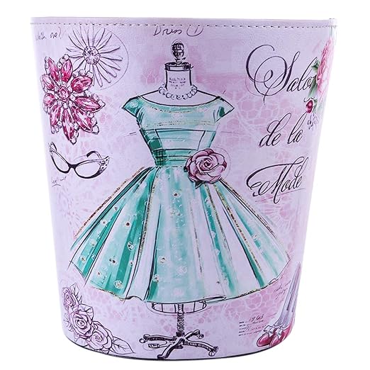 10L/2.64 Gallon Trash Can Decorative Waste Basket PU Leather Waste Paper Basket Waterproof Garbage Can for Bathroom Bedroom Office Kitchen and Living Room - Green Dress