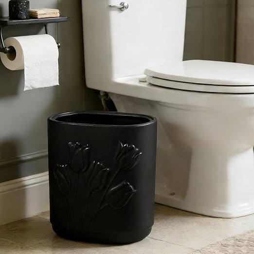 Black Ceramic Tulips Small Bathroom Trash Can 2.6 Gal (10 Liter) - Heavy &amp Decorative Garbage Bin for Bathroom Kitchen Office Bedroom &amp Living Room Corner