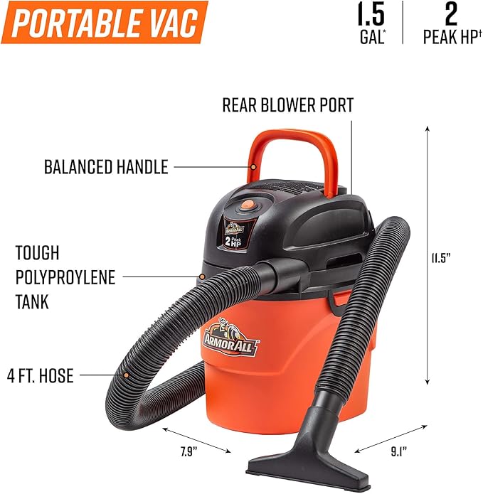 Armor All® AA155 1.5-Gallon 2 Peak HP Portable Wet/Dry Vacuum Orange