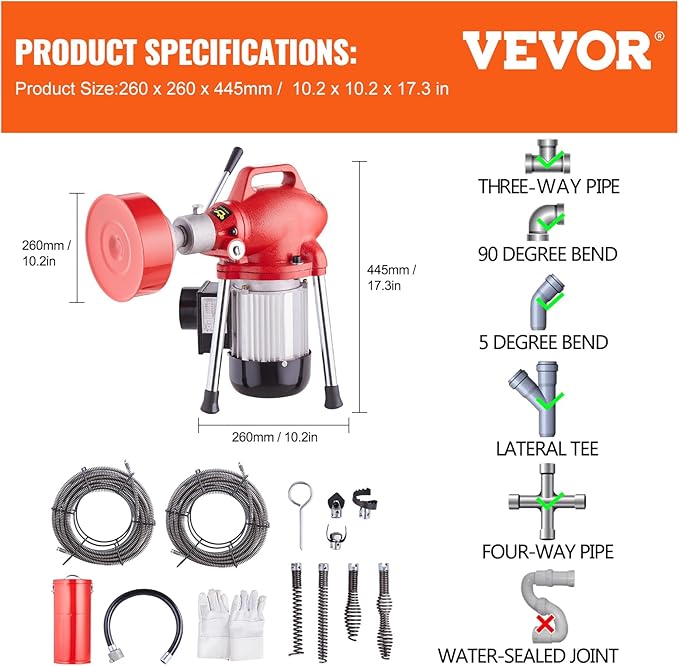 VEVOR Drain Cleaner Machine 120FT x 5/8 Inch 370W Electric Sewer Snake Auger Manual Feed - with 2 Sectional Steel Cables(120' x 5/8 and 23' x 3/8) 7 Cutters and CW/CCW Control for 1.6 to 4 Pipes