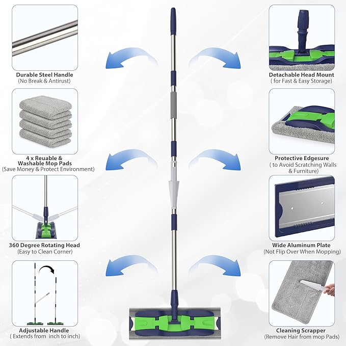 Microfiber Mops for Hardwood Floor Cleaning: MEXERRIS Flat Floor Mop with 4 Washable Pads 59 Adjustable Handle - Dust Dry Mops for Kitchen Bathroom Tile Laminate Wood Vinyl - Home Commercial Mop