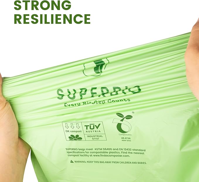 SUPERBIO 13 Gallon Compostable Drawstring Kitchen Waste Bag 49.2 Liter 30 Count1 Mil Heavy Duty Food Scrap Bags BPI Seedling and OK compost INDUSTRIAL
