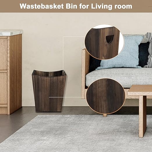 SEHERTIWY Wood Trash Can Farmhouse Wastebasket Bin for Bathroom Office Bedroom Living Room Small Square Rustic Garbage Container (Wood-Brown)