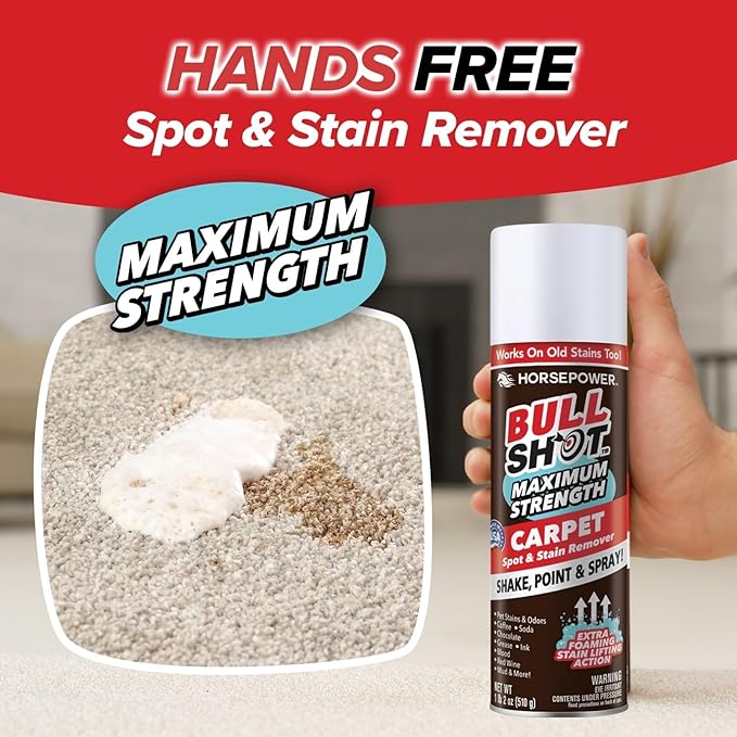 Horsepower Bull Shot MAX Strength Carpet Spot &amp Stain Remover AS-SEEN-ON-TV Made In US Just Point &amp Spray Stain-Lifting Foam Action Pet Stains &amp Odors Coffee Wine New &amp Old Sta